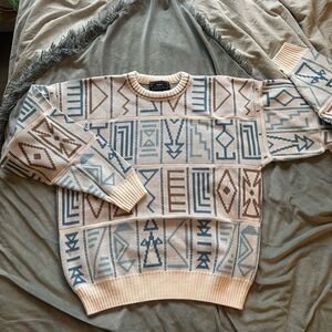 Vintage Sears Geometric Patterned Sweater in Cream and Blue